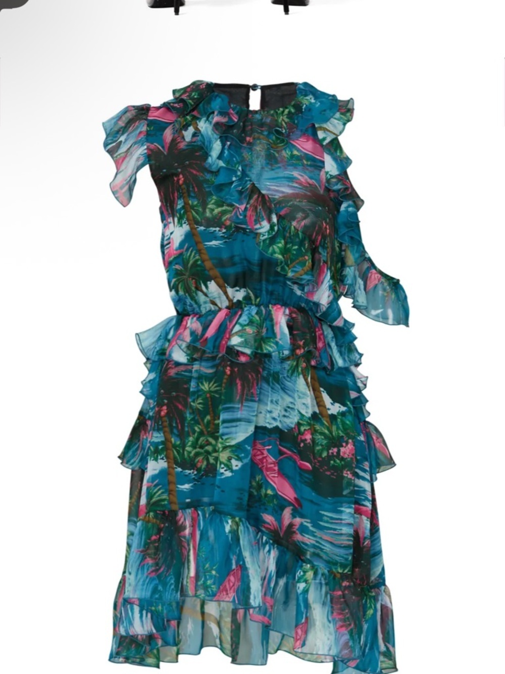 MSGM Teal Tropical Ruffle Midi Dress with Pink Accents - Picture 12 of 14